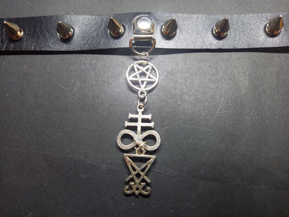 Goth Gothic Witchy fashion Occult satanic Pagan Wicca Black Faux Leather 10 spiked Collar with "Satanic Trinity"