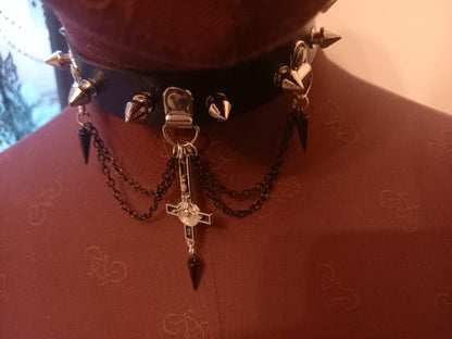 Goth Gothic Witchy Killstar Satanic Occult Black Faux Leather 10 spiked Collar "Inverted crucifix with chains and spikes"