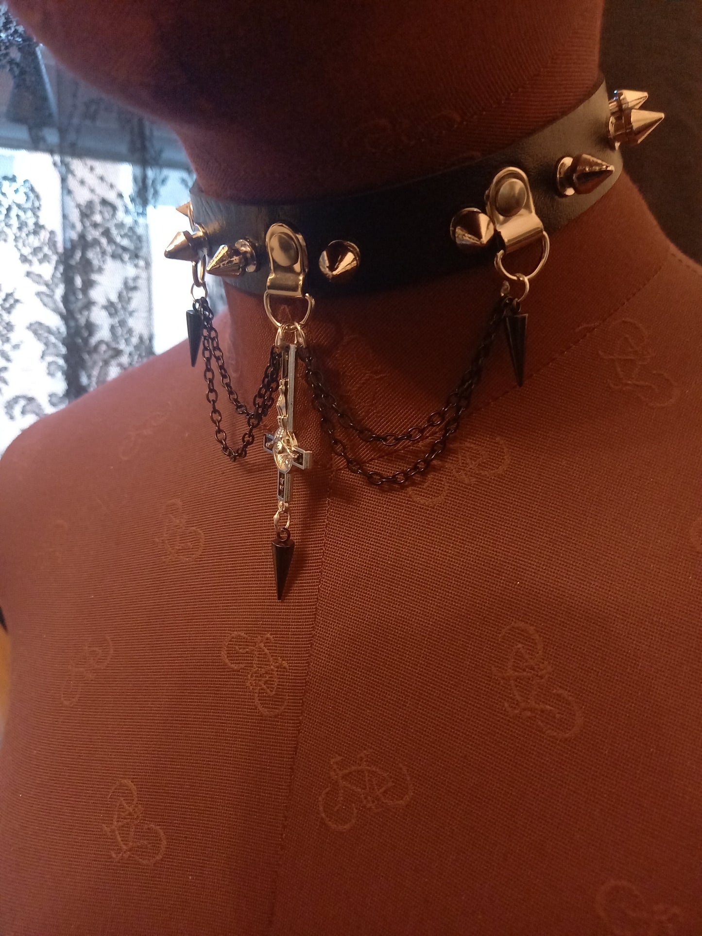 Goth Gothic Witchy Killstar Satanic Occult Black Faux Leather 10 spiked Collar "Inverted crucifix with chains and spikes"