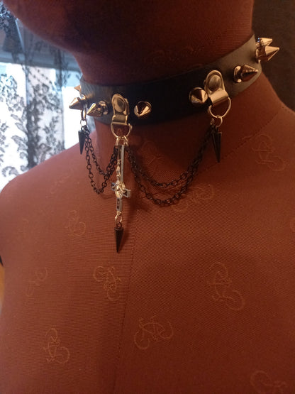Goth Gothic Witchy Killstar Satanic Occult Black Faux Leather 10 spiked Collar "Inverted crucifix with chains and spikes"