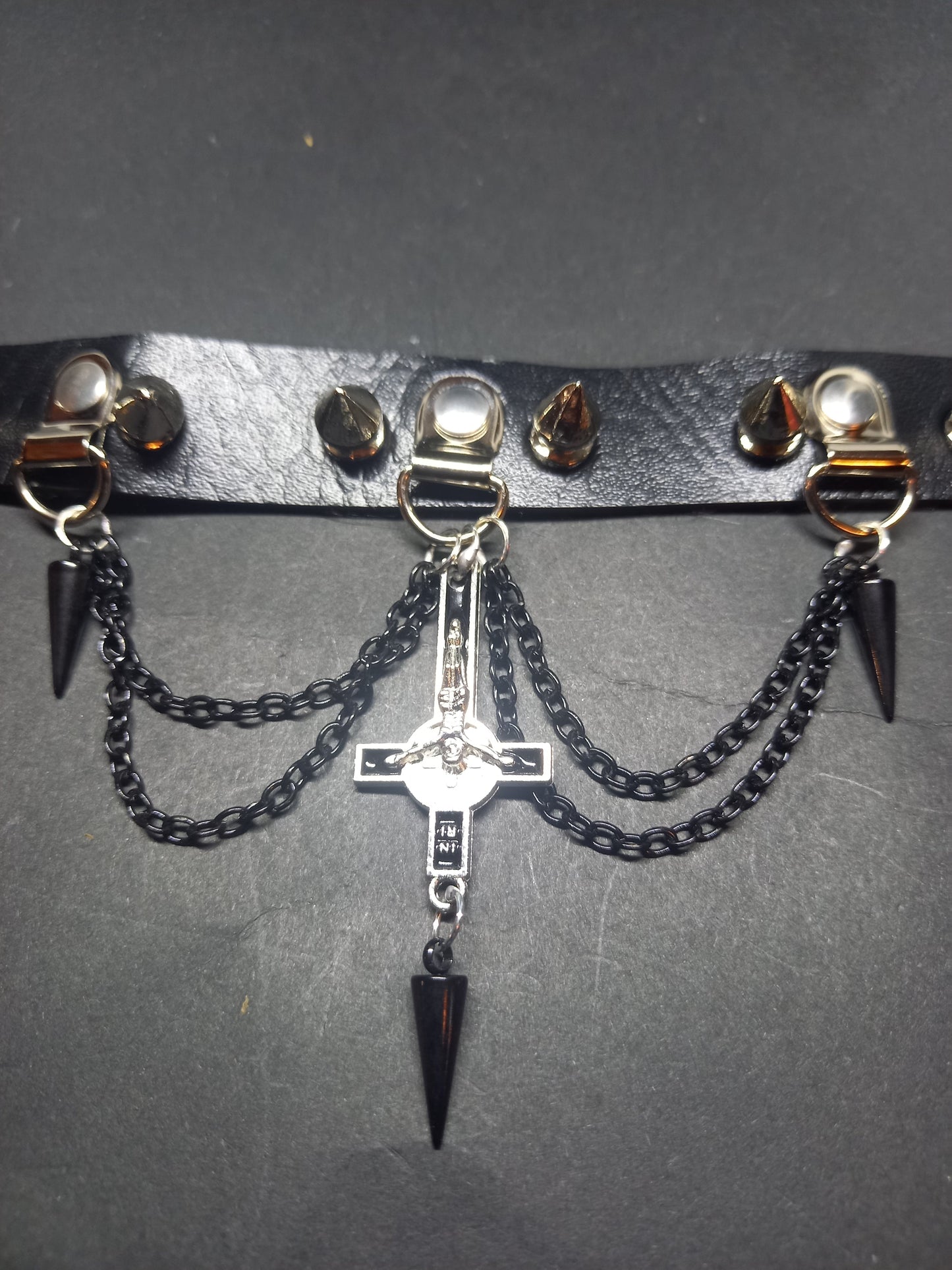 Goth Gothic Witchy Killstar Satanic Occult Black Faux Leather 10 spiked Collar "Inverted crucifix with chains and spikes"