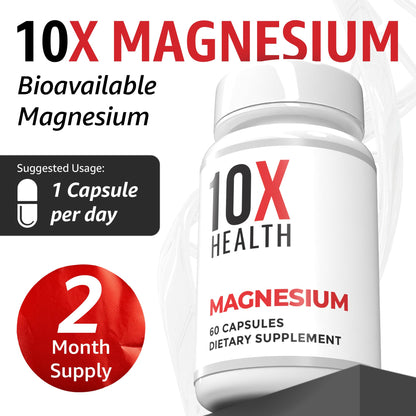 10X Health Magnesium Supplements – High-Absorption Magnesium Citrate for Sleep, Muscle & Heart Health – 60 Capsules