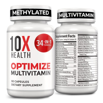 10X Health System Optimize Multivitamin for Men – 90 Capsules | 34-in-1 Methylated Formula, 5-MTHF, NAC, 800 mcg B12