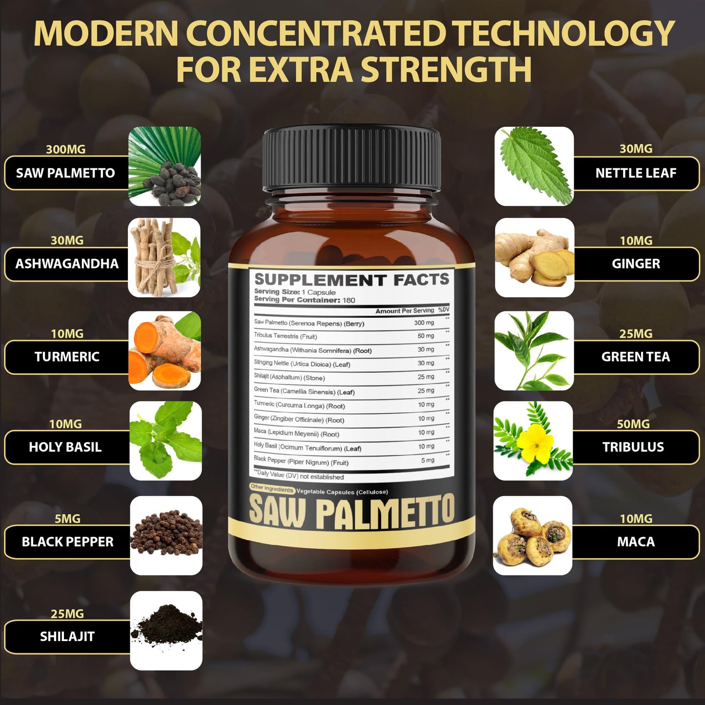 11in1 Saw Palmetto Capsules with Ashwagandha - Prostate & Hair Support - 180 Count (6-Month Supply)
