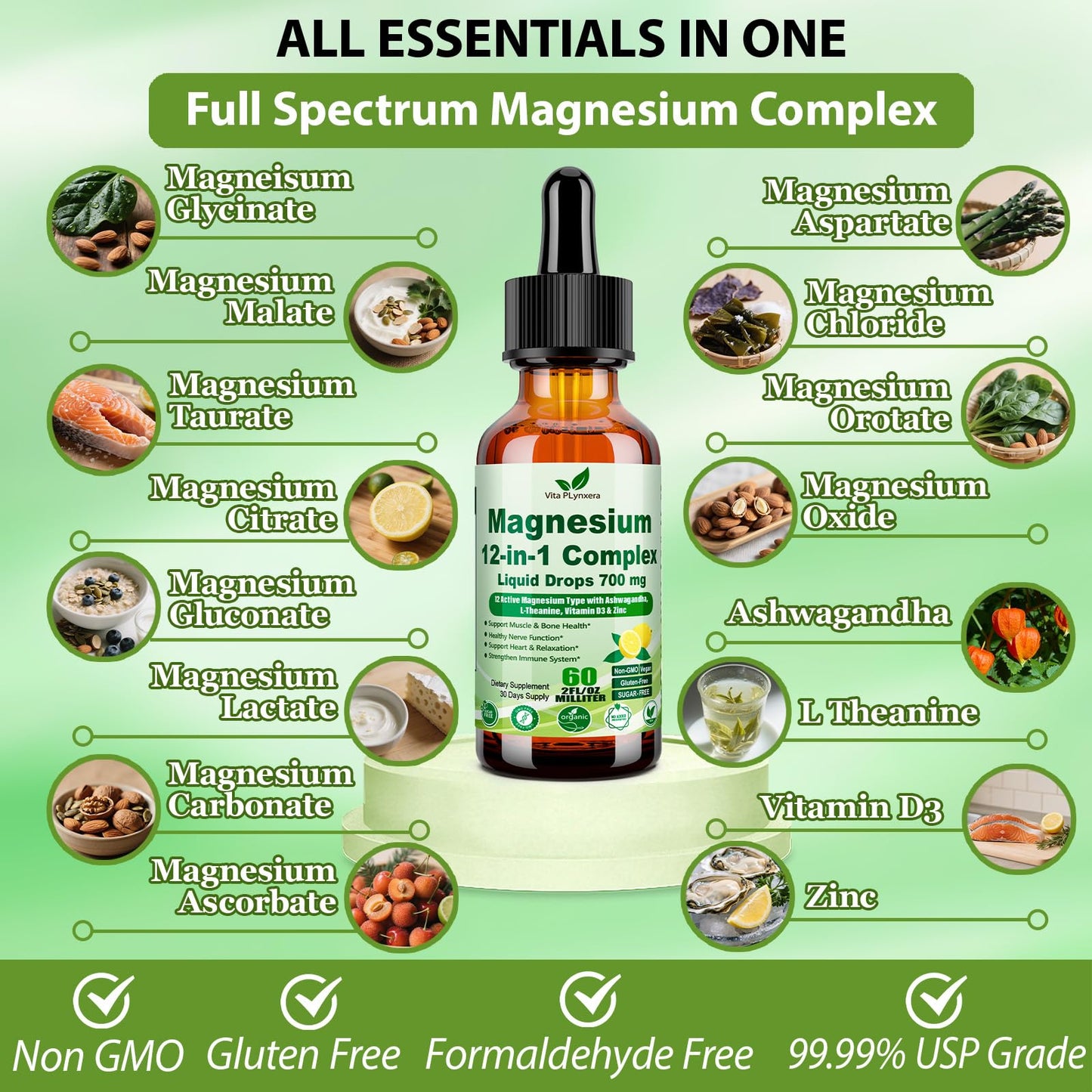 12-in-1 Magnesium Complex Liquid Drops – Chelated Mg with D3, Ashwagandha, Theanine, Zinc