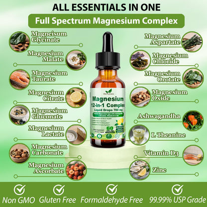 12-in-1 Magnesium Complex Liquid Drops – Chelated Mg with D3, Ashwagandha, Theanine, Zinc