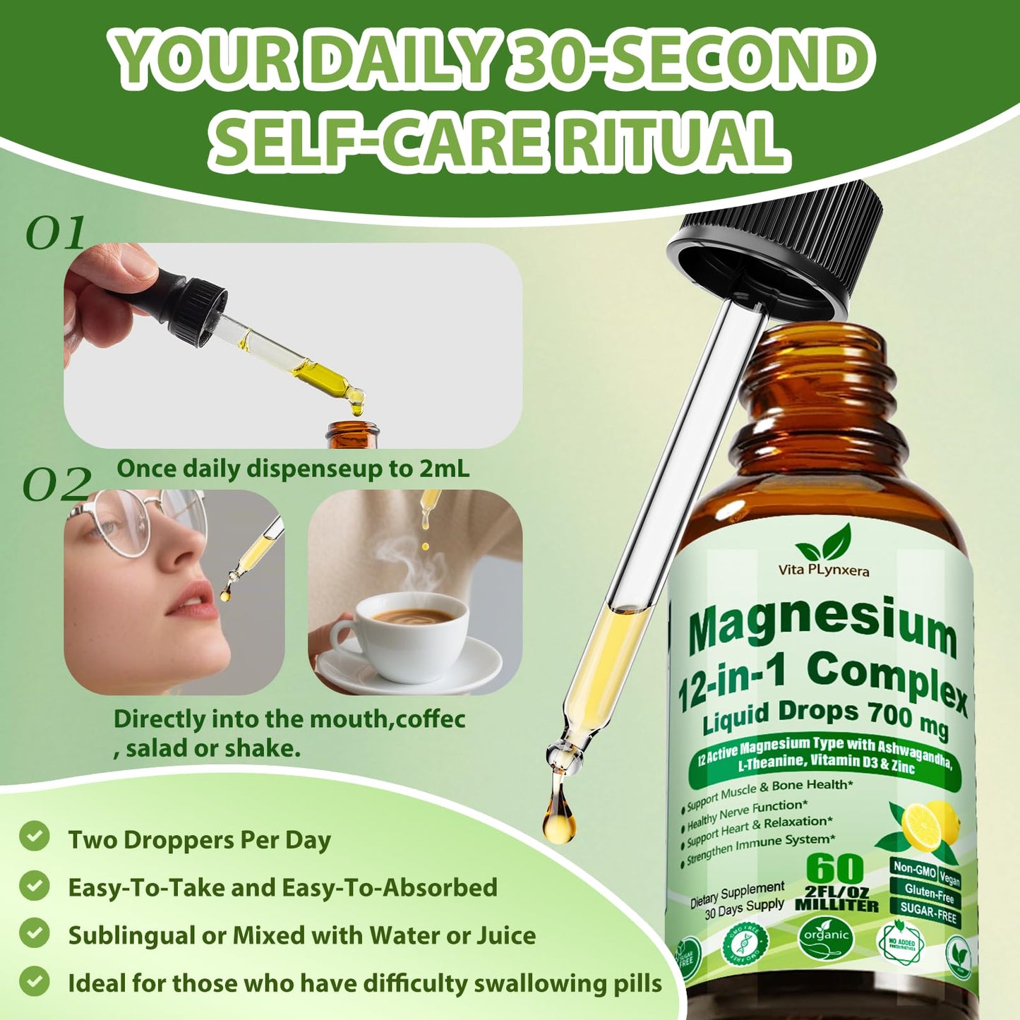 12-in-1 Magnesium Complex Liquid Drops – Chelated Mg with D3, Ashwagandha, Theanine, Zinc