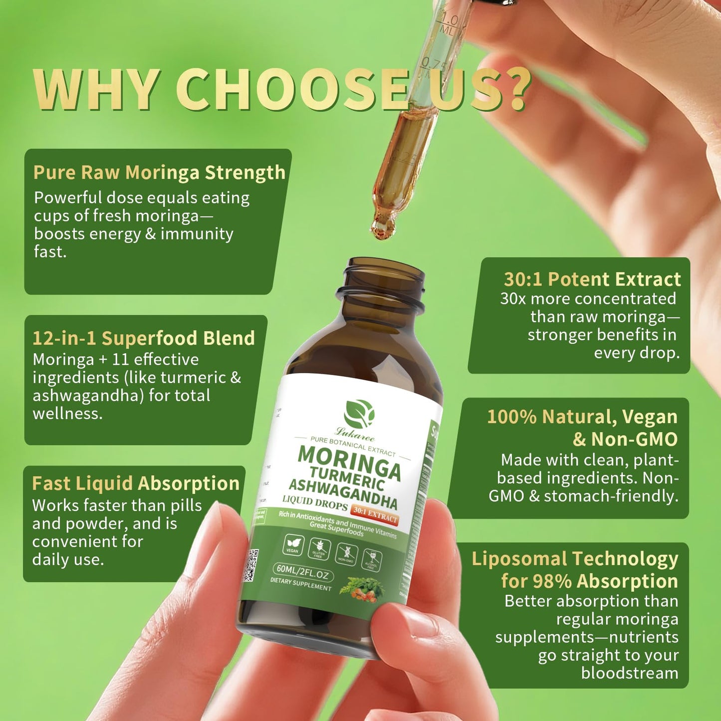 12-in-1 Organic Moringa Drops with Ashwagandha, Turmeric, Quercetin | 98% Absorption Liposomal 30:1 Extract for Energy Immunity Joints