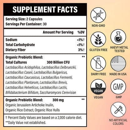 300 Billion CFU Probiotics - Gut Health, 12 Strains + Prebiotic, 60 Caps