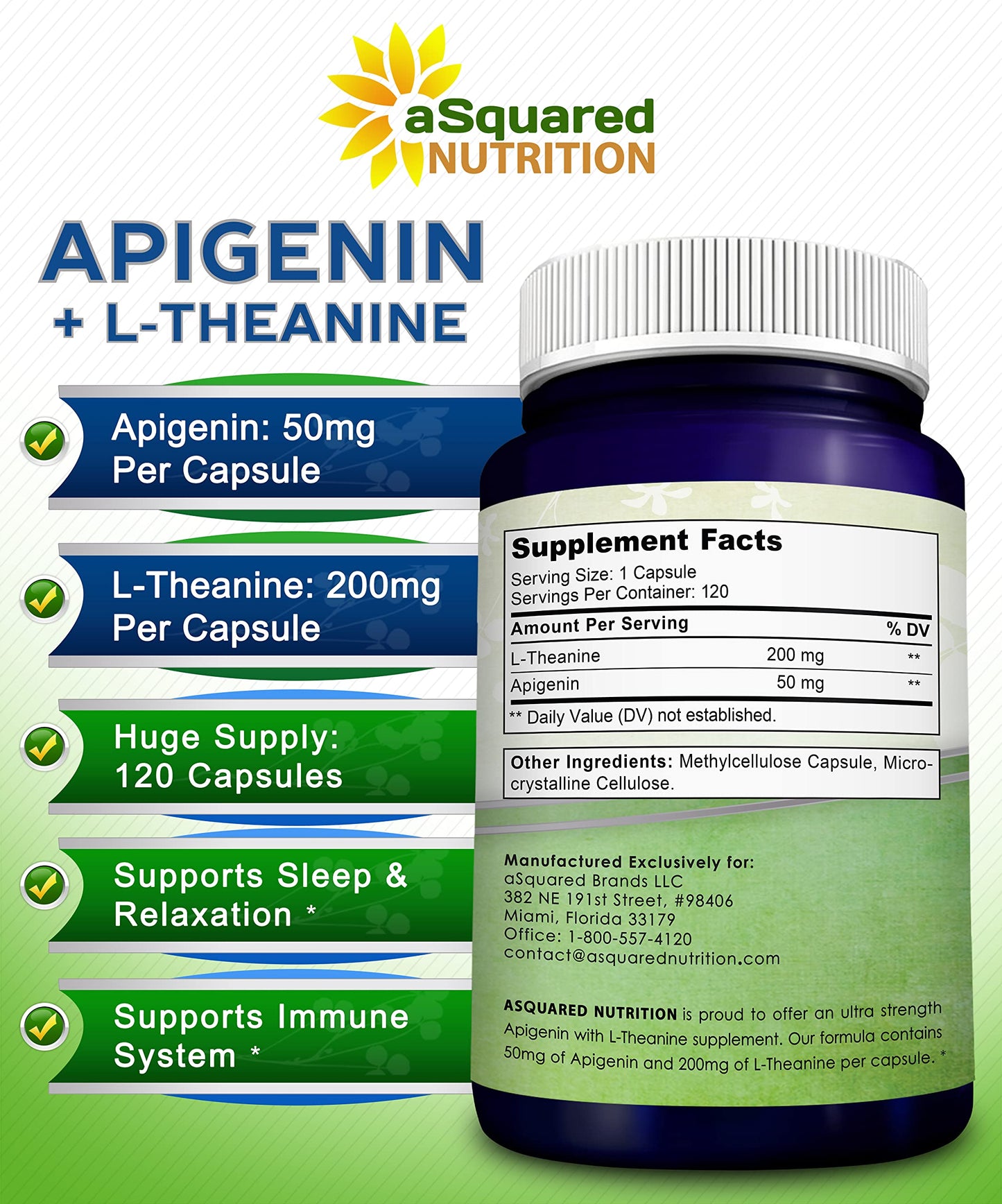 aSquared Nutrition Apigenin 50mg & L-Theanine 200mg – 120 Capsules for Sleep & Relaxation