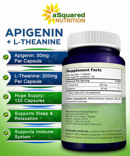 aSquared Nutrition Apigenin 50mg & L-Theanine 200mg – 120 Capsules for Sleep & Relaxation