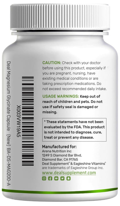 Magnesium Glycinate 1000mg per Serving + Vitamin C – 240 Capsules (Chelated, Easy Absorption)