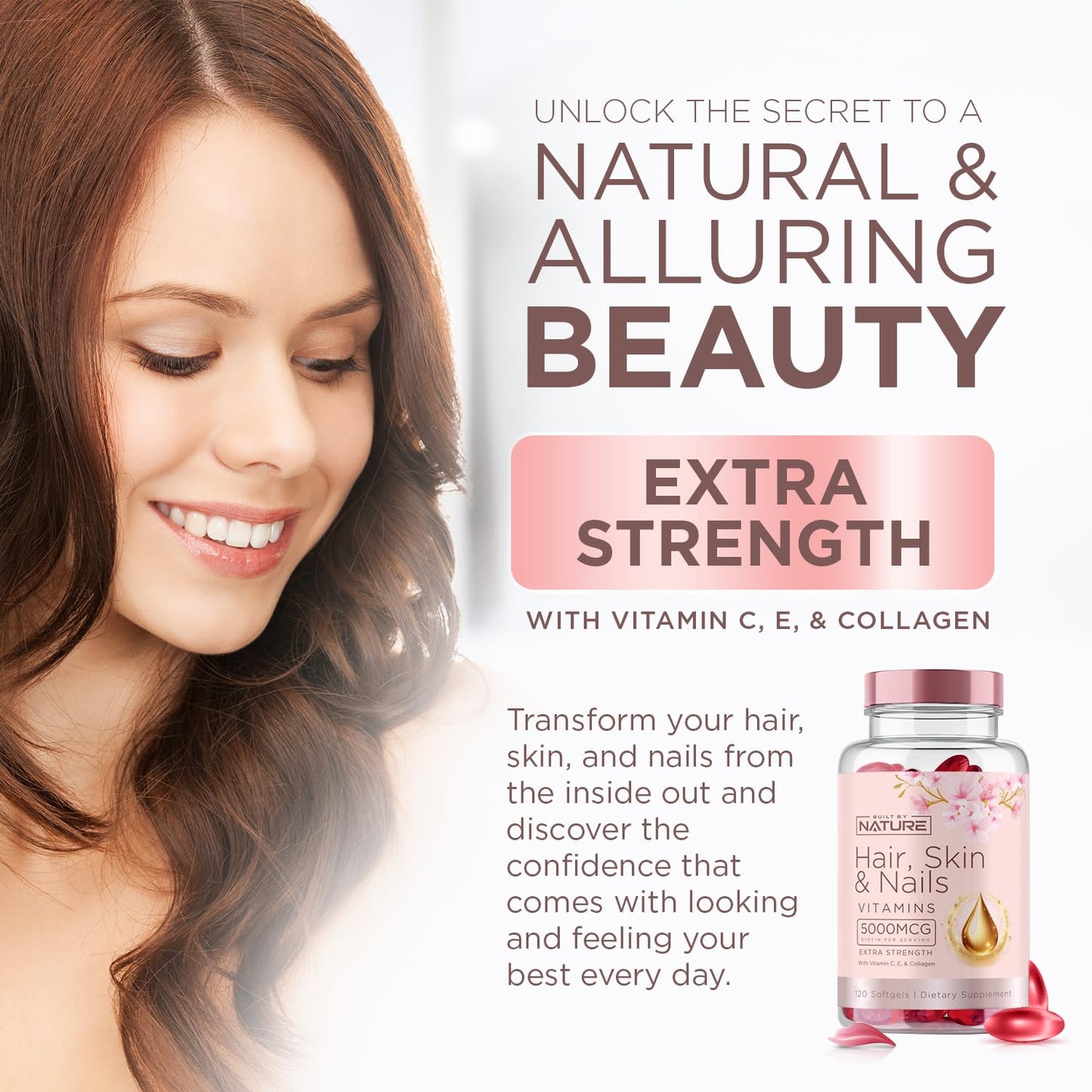 Hair Skin & Nails Vitamins 5000mcg Biotin with Collagen & Hyaluronic Acid – 120 Softgels