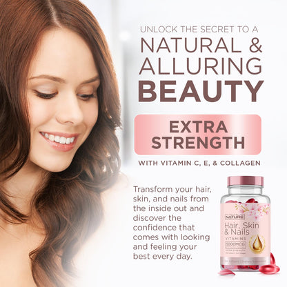 Hair Skin & Nails Vitamins 5000mcg Biotin with Collagen & Hyaluronic Acid – 120 Softgels