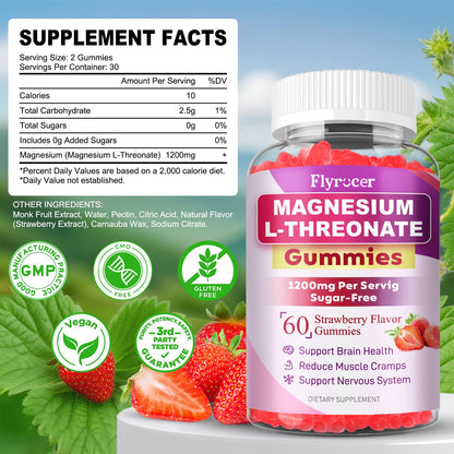 1200MG Magnesium L-Threonate Gummies - Magnesium Threonate Gummies Supplements for Kids & Adults, Support Cognitive Function, Brain & Nerves Health, Strawberry Flavor, 60 Count