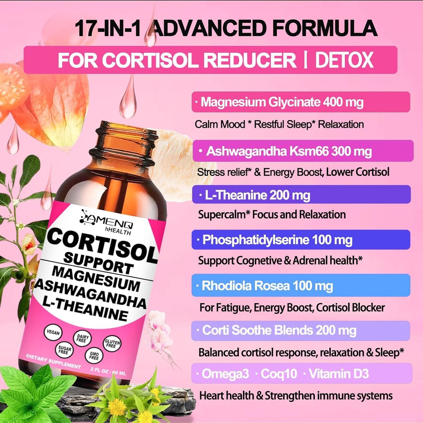 Cortisol Liquid Drops – 17-in-1 Cortisol Reducer with KSM-66, Ashwagandha & Theanine