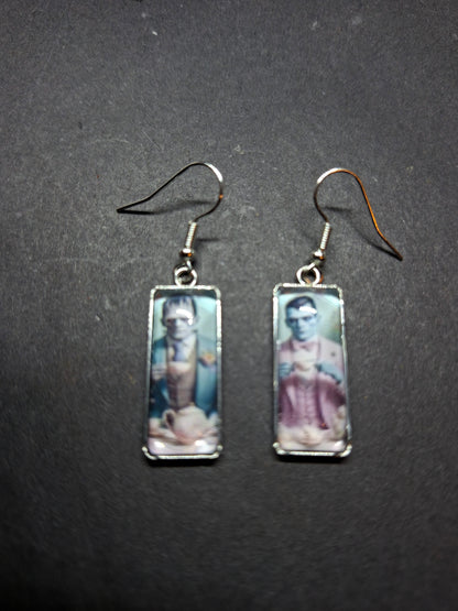 Goth Gothic Alternative "Tiki Frankenstein's monster & Dracula " Stainless Steel rectangle image earrings