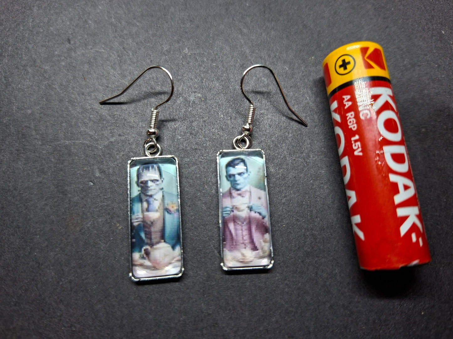 Goth Gothic Alternative "Tiki Frankenstein's monster & Dracula " Stainless Steel rectangle image earrings