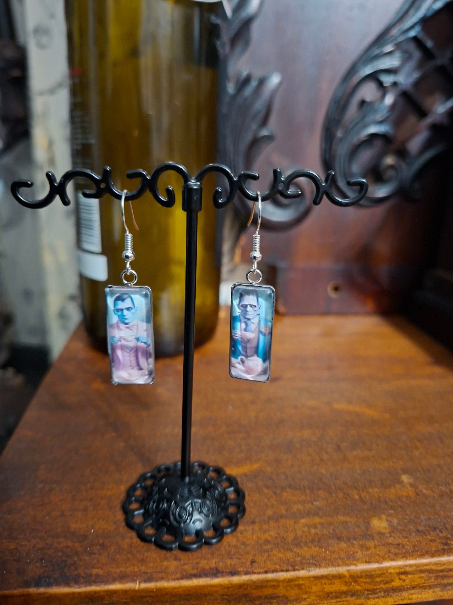 Goth Gothic Alternative "Tiki Frankenstein's monster & Dracula " Stainless Steel rectangle image earrings