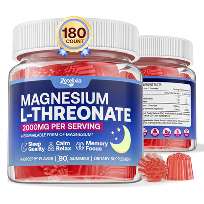 180 Count 2-Pack Magnesium L-Threonate Gummies 2000mg – Sleep & Cognition (Vegan, Raspberry)