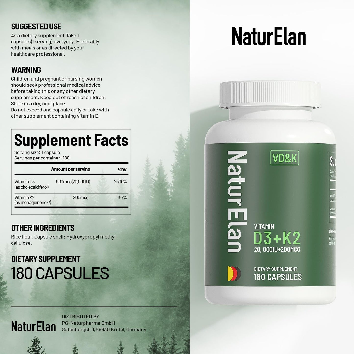 Vitamin D3 K2 20,000 IU MK-7 - 180 Vegan Capsules