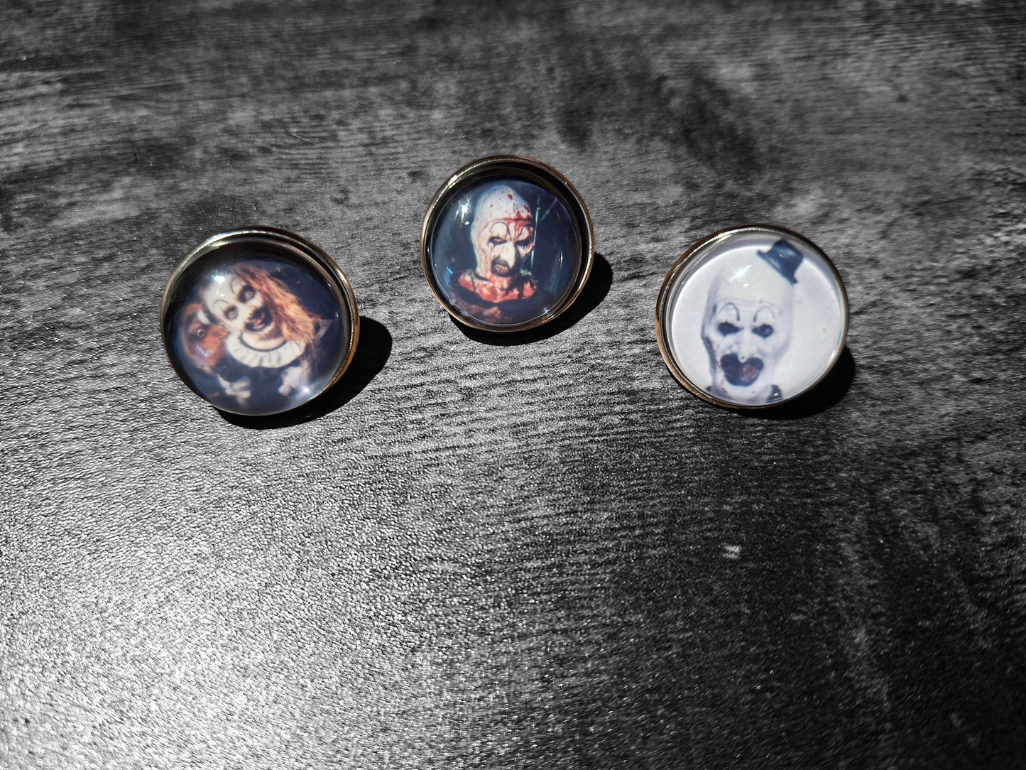 Set of 3 Pin badges inspired by "Art" the clown from Terrifier