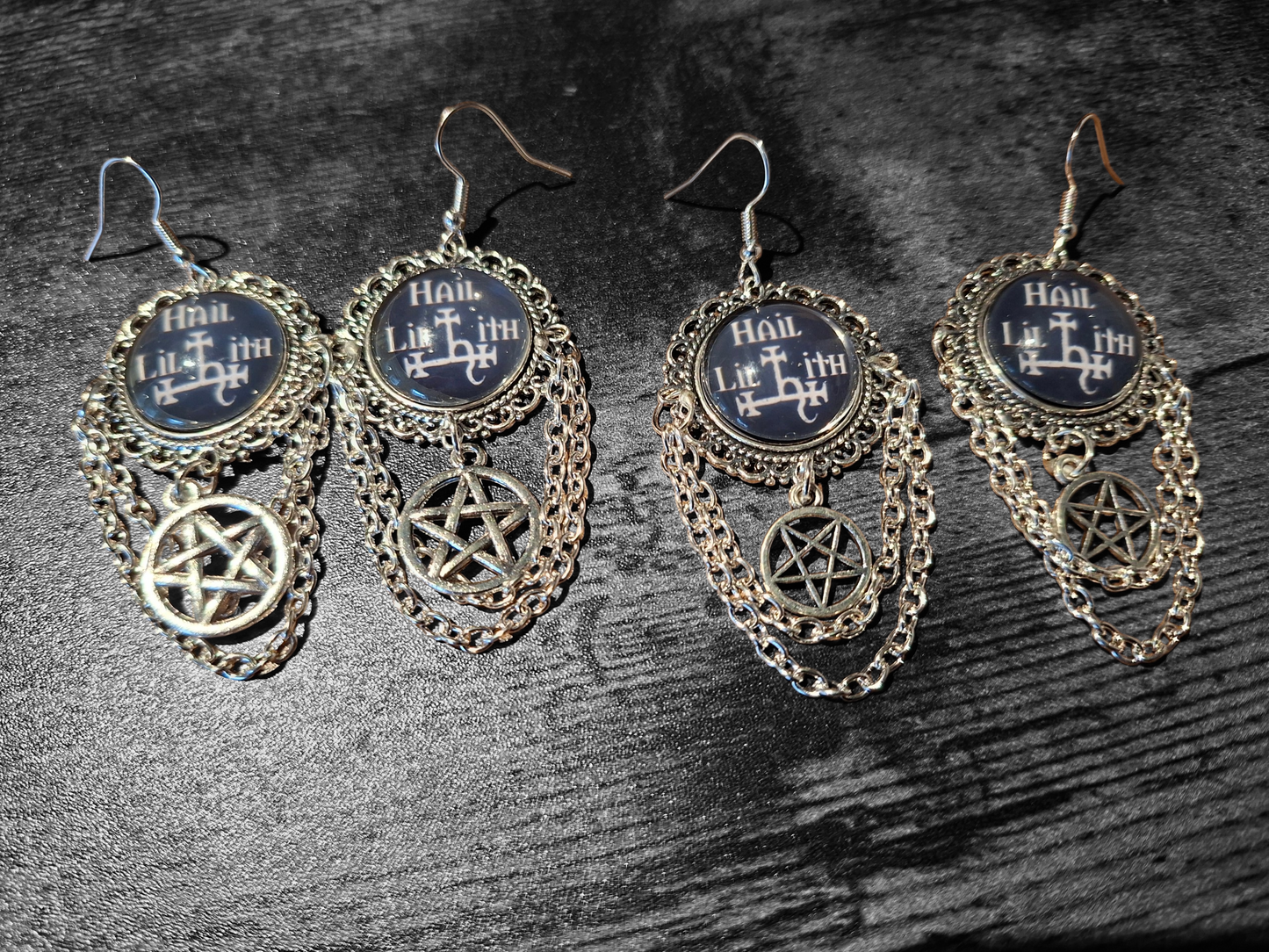 Deluxe Earrings "Hail Lilith" with chains and choice of pentagram : goth witchy occult witch