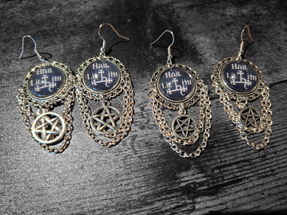 Deluxe Earrings "Hail Lilith" with chains and choice of pentagram : goth witchy occult witch