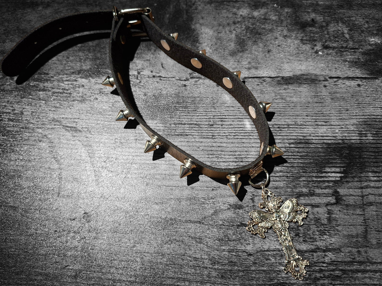 Black Spiked Faux Leather Collar, Ornate Cross with Death Head Moth : Goth Witchy Killstar