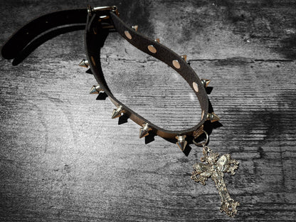 Black Spiked Faux Leather Collar, Ornate Cross with Death Head Moth : Goth Witchy Killstar