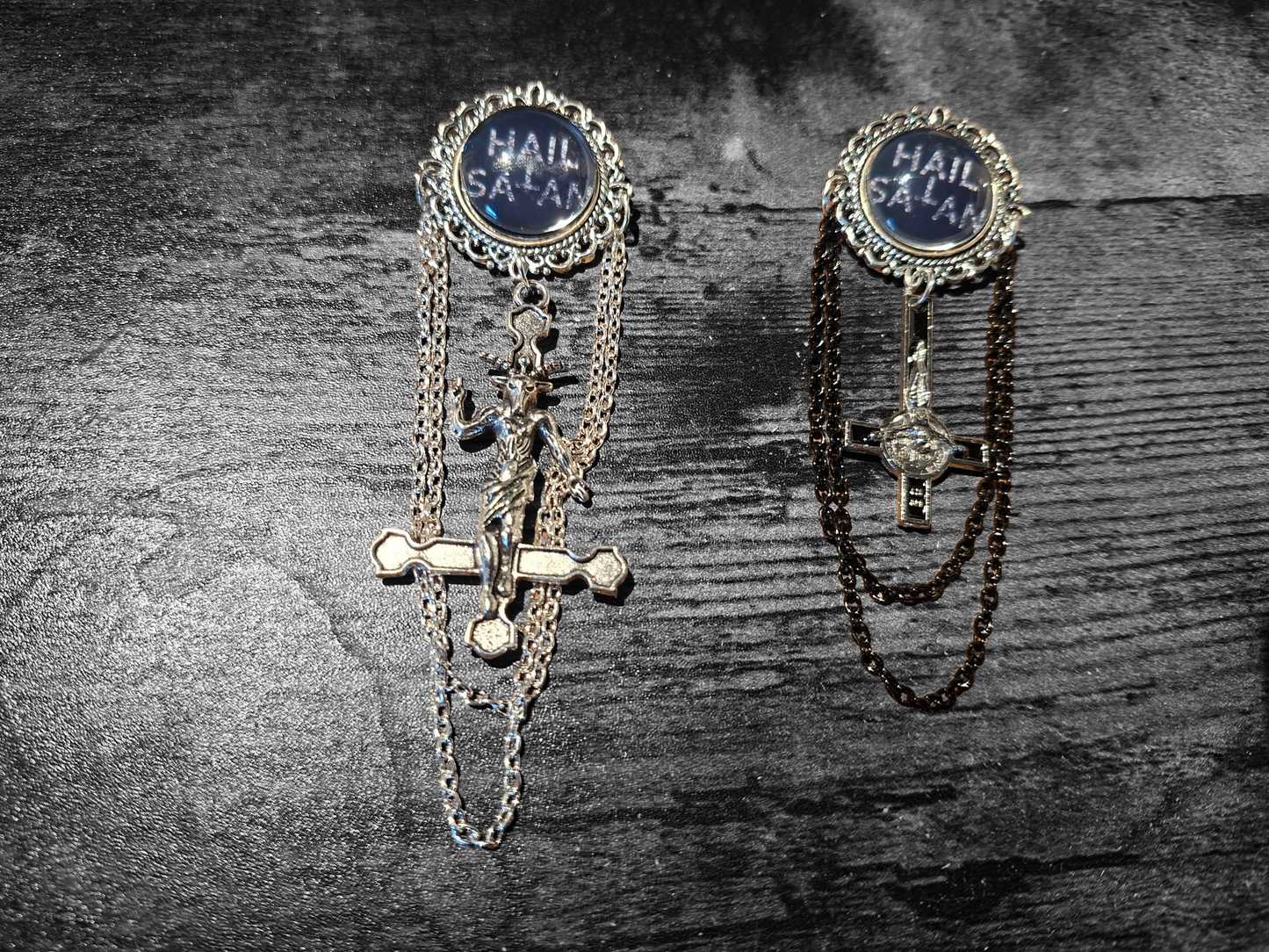 Ornate Satanic "Hail Satan" Brooch with chains and inverted cross :Occult goth witchy