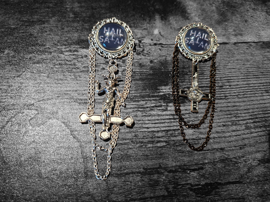 Ornate Satanic "Hail Satan" Brooch with chains and inverted cross :Occult goth witchy