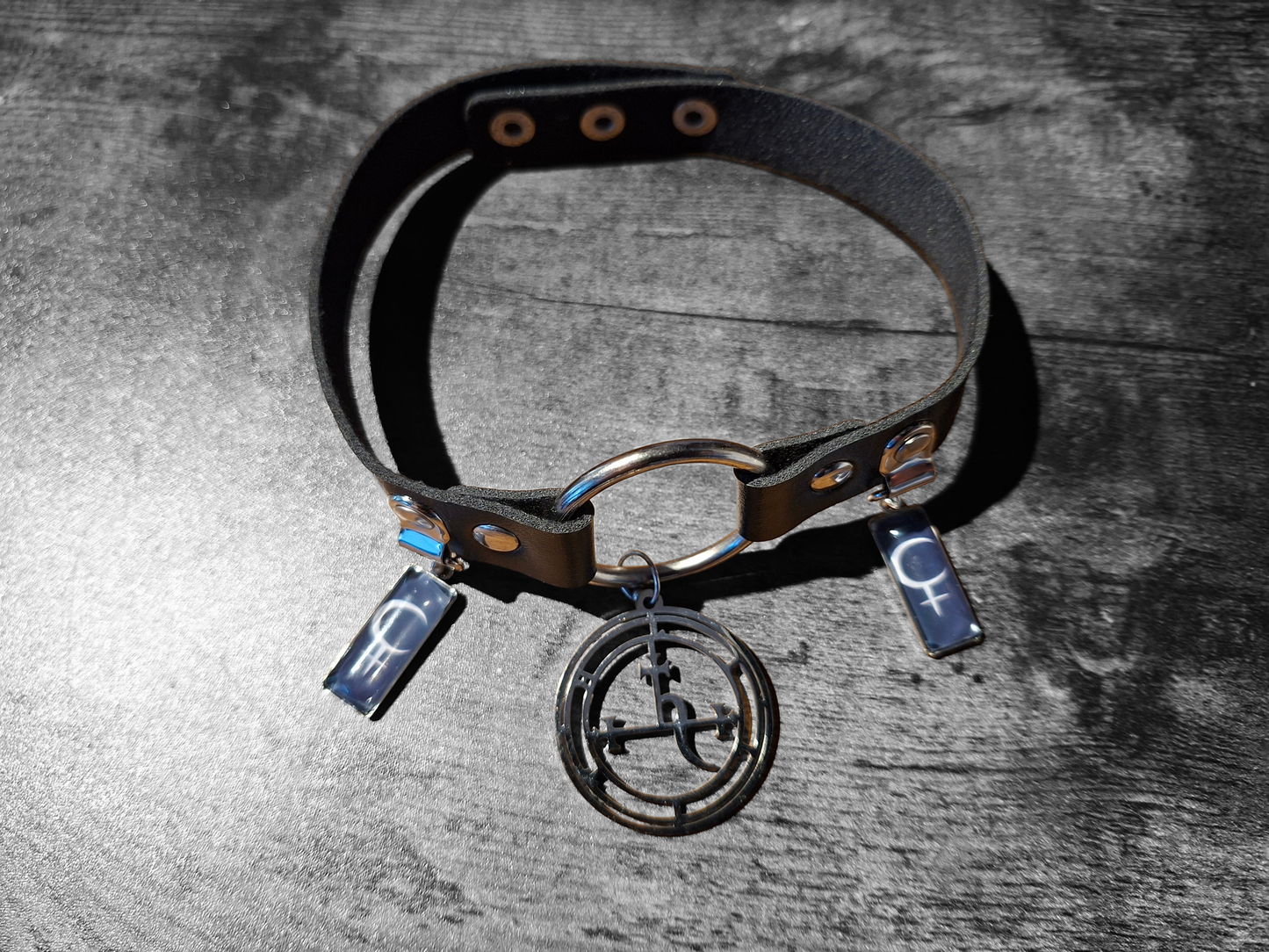 Symbol & Sigil of Lilith UNISEX Black Faux Leather O Ring Collar 2 : Goth Witchy