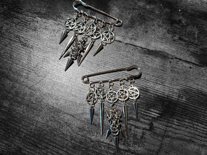 Kilt Pin Brooch "chain mail spiked with pentagrams", goth witchy occult style