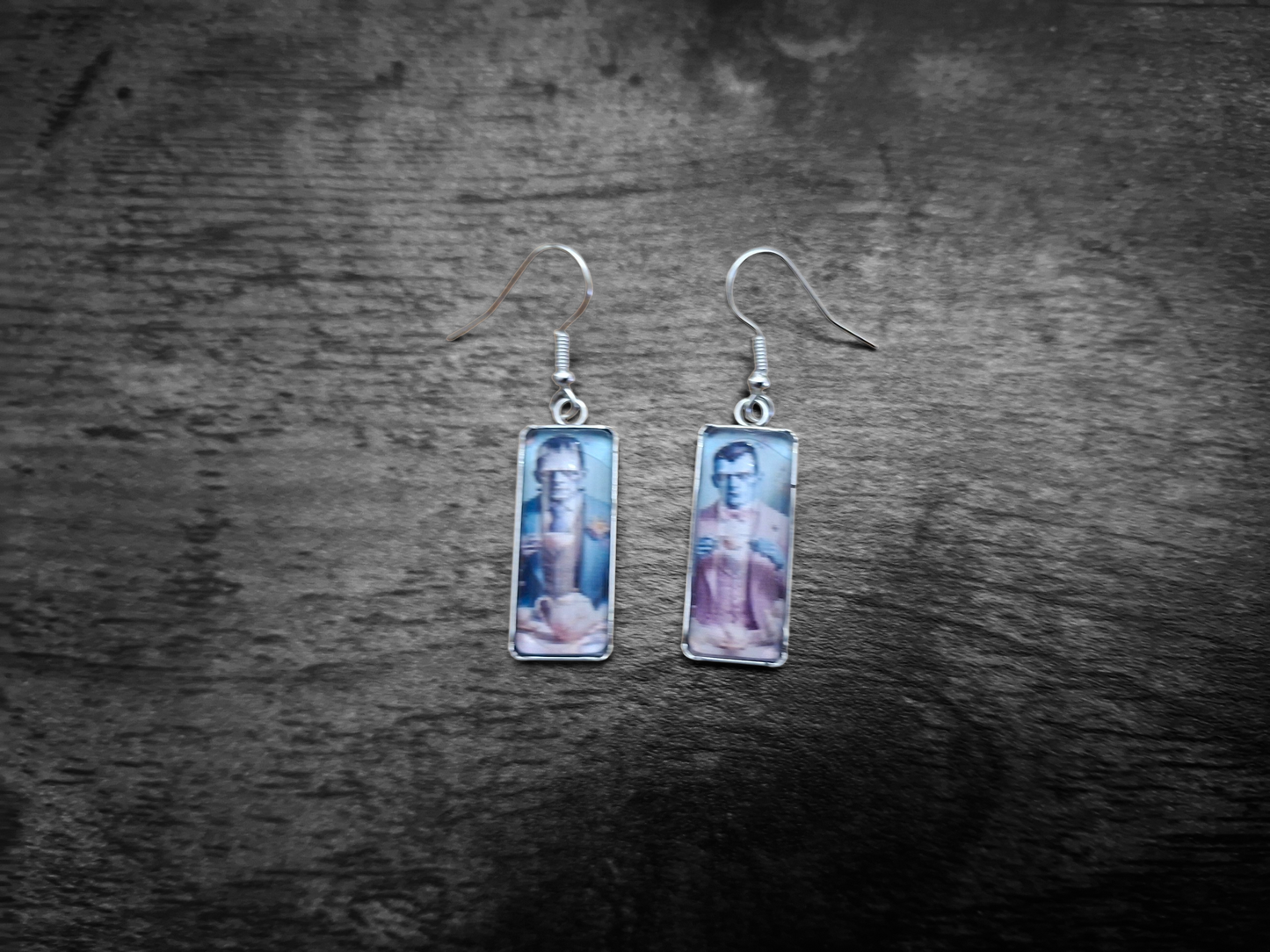 Goth Gothic Alternative "Tiki Frankenstein's monster & Dracula " Stainless Steel rectangle image earrings