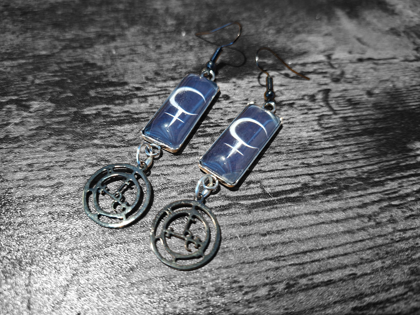 Symbol of "Lilith" Inspired Stainless Steel rectangle image earrings with black sigil