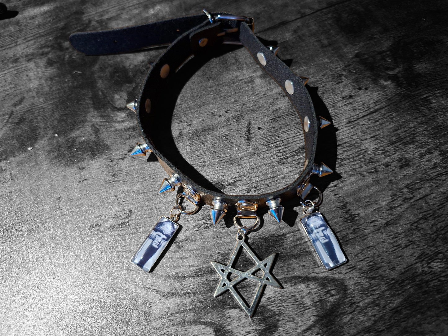 Spiked Black Faux Leather Collar, Aleister Crowley inspired "Unicursal Hexagram" 2 : Goth Witchy Occult