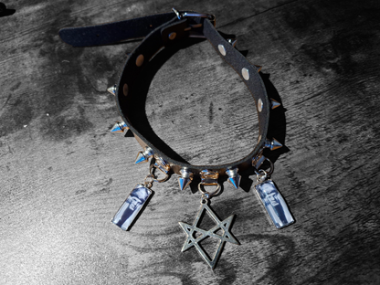 Spiked Black Faux Leather Collar, Aleister Crowley inspired "Unicursal Hexagram" 2 : Goth Witchy Occult