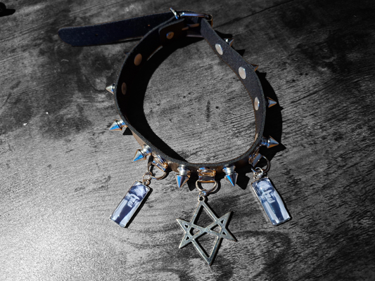 Spiked Black Faux Leather Collar, Aleister Crowley inspired "Unicursal Hexagram" 2 : Goth Witchy Occult