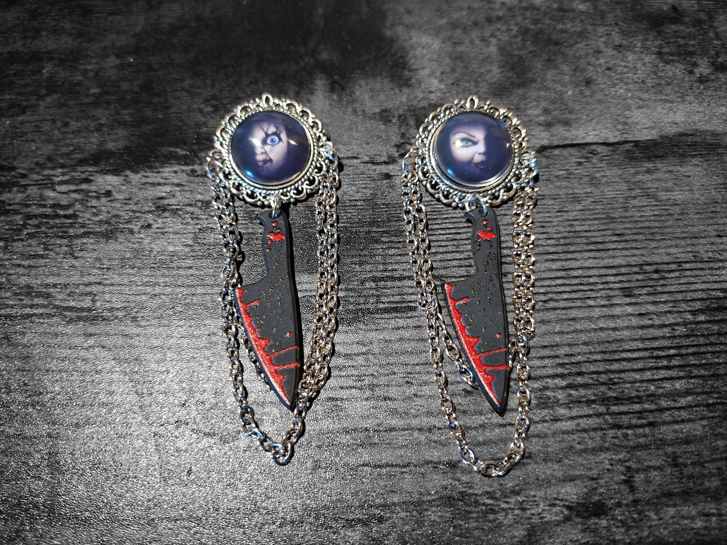 Ornate brooch with chains and blood splatter knife inspired by "Bride of Chucky " Chucky and tiffany