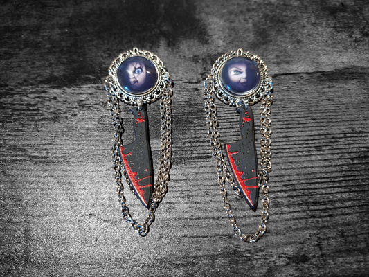 Ornate brooch with chains and blood splatter knife inspired by "Bride of Chucky " Chucky and tiffany