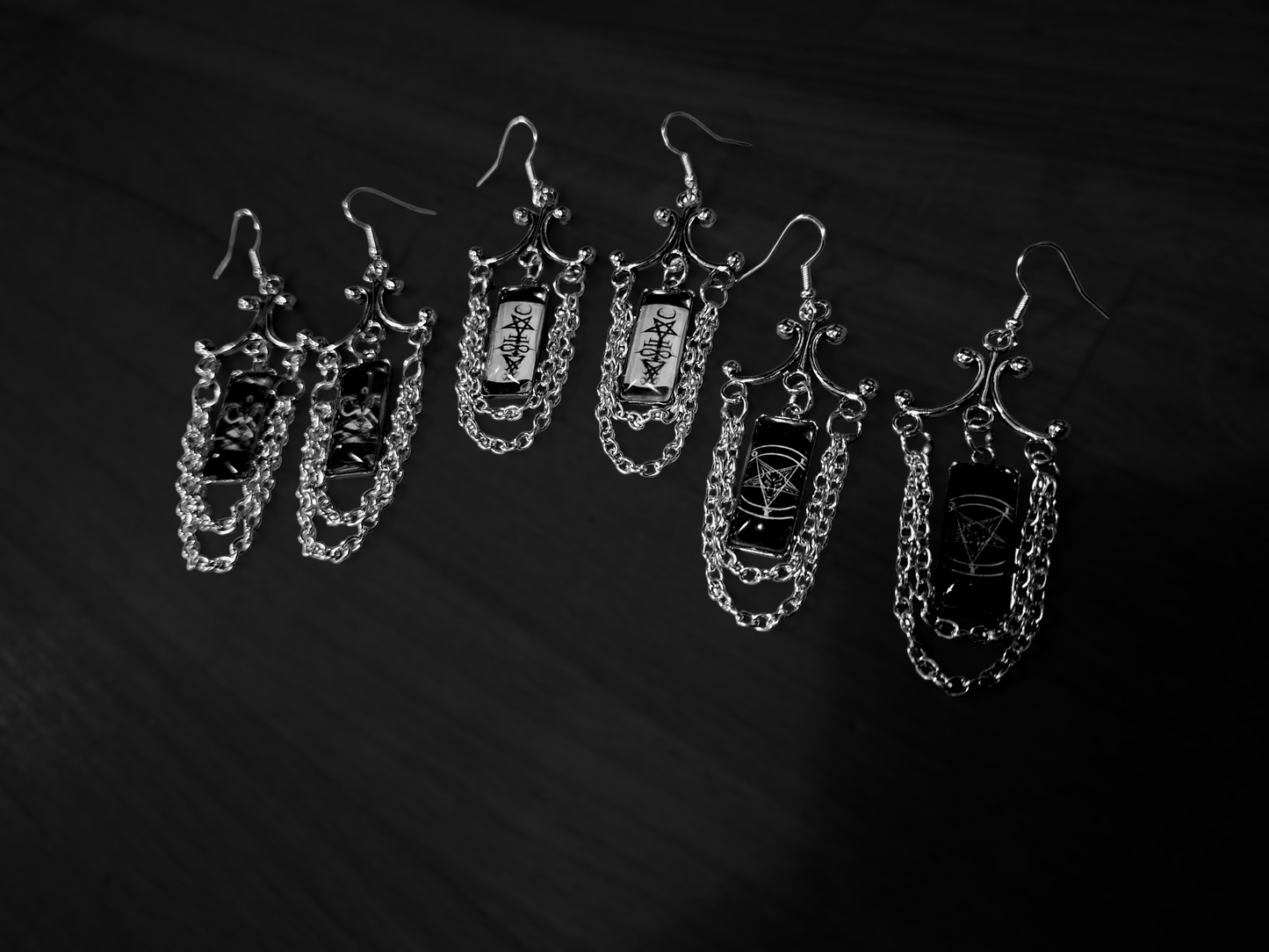 Goth Gothic Witchy Occult "Satanic Chandelier" Stainless Steel rectangle image earrings with chains