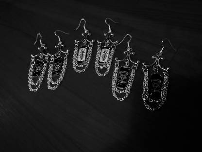 Goth Gothic Witchy Occult "Satanic Chandelier" Stainless Steel rectangle image earrings with chains