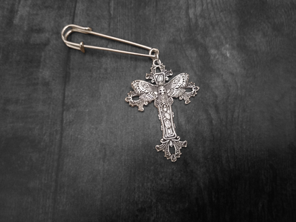 Goth Gothic Witchy Witch Killstar "Death Head Moth in ornate cross" kilt pin brooch