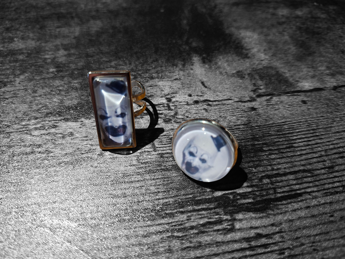Round & Rectangle adjustable Rings inspired by "Art" the clown from Terrifier