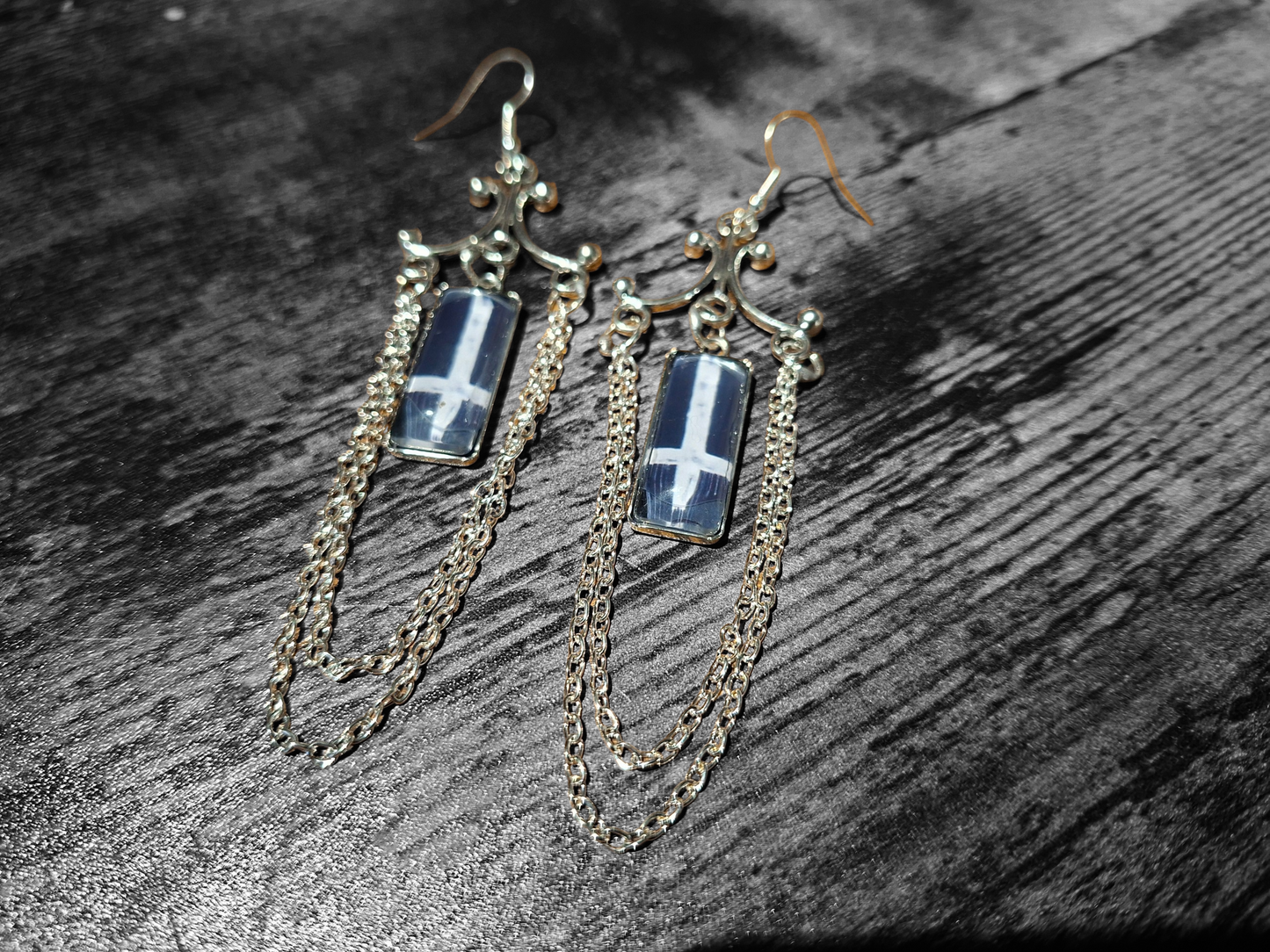 Chandelier earrings" inverted cross image with chains" :Satanic witchy witchcraft goth ritual jewelry