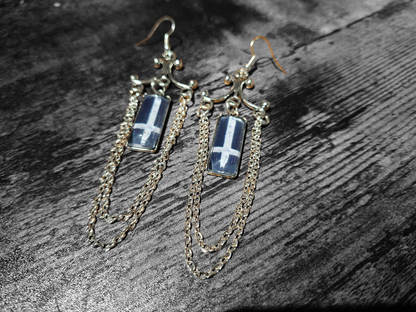 Chandelier earrings" inverted cross image with chains" :Satanic witchy witchcraft goth ritual jewelry