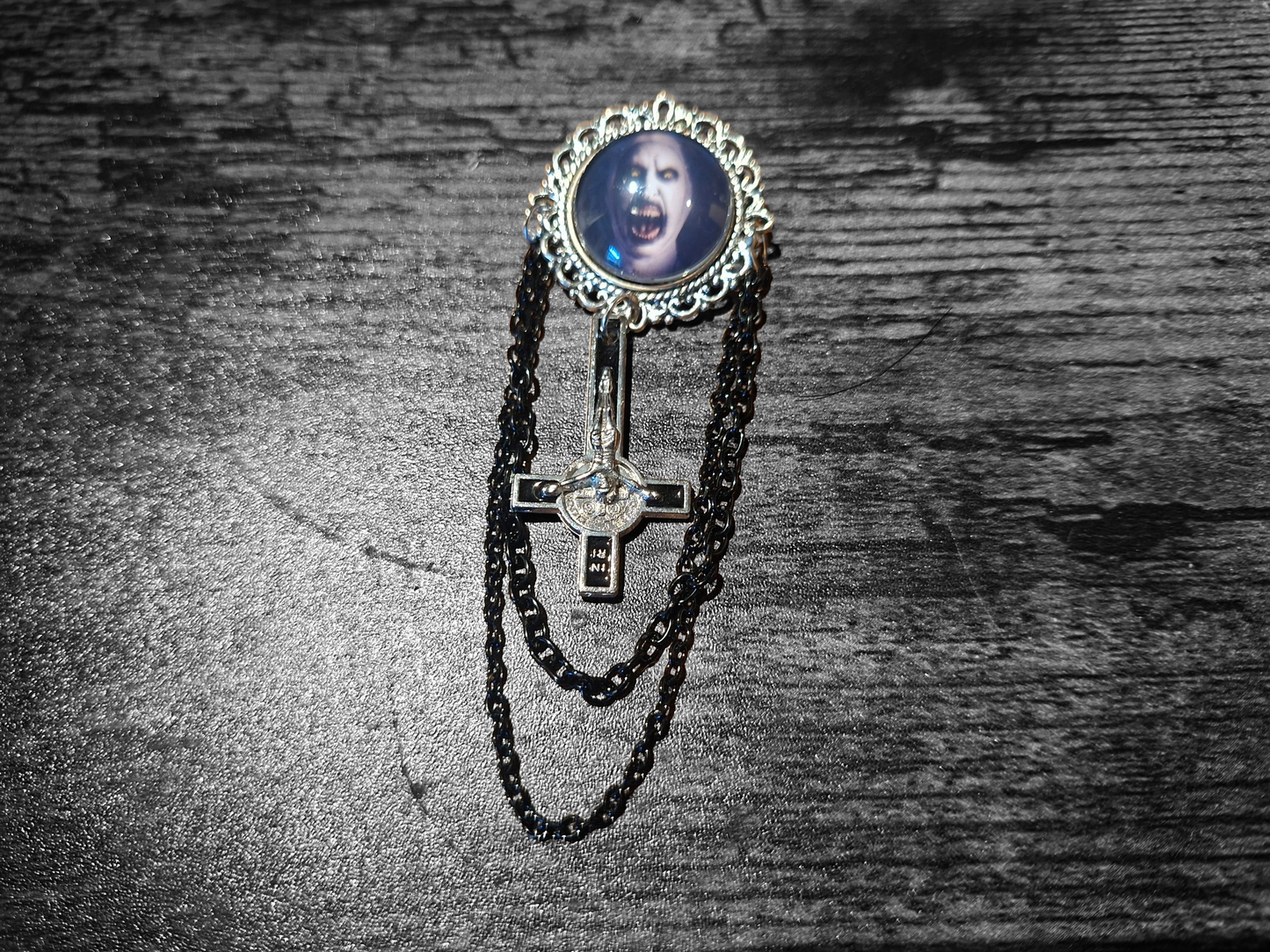 Ornate brooch with chains and inverted crucifix,The Conjuring inspired "Nun"