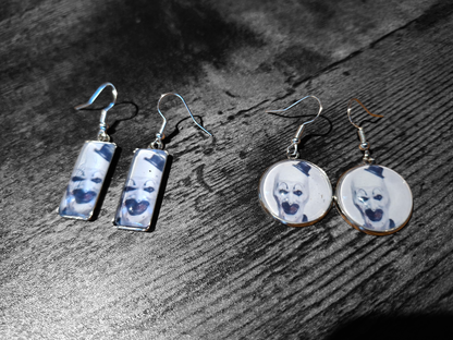 Round & Rectangle image earrings inspired by "Art" the clown from Terrifier