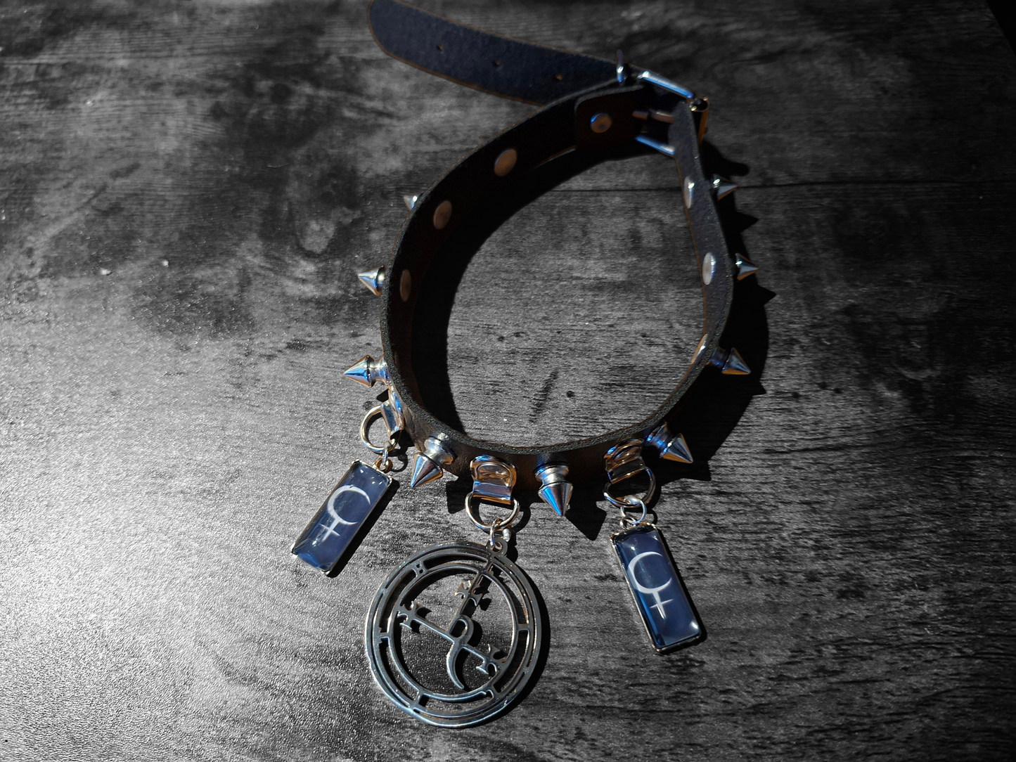 Stainless steel sigil & Symbol of Lilith Black Faux Leather Spiked Collar 2 : Goth Witchy Killstar